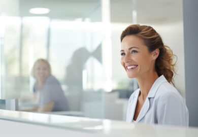 Smiling mature receptionist looking adult smile. Smiling mature receptionist looking adult smile.